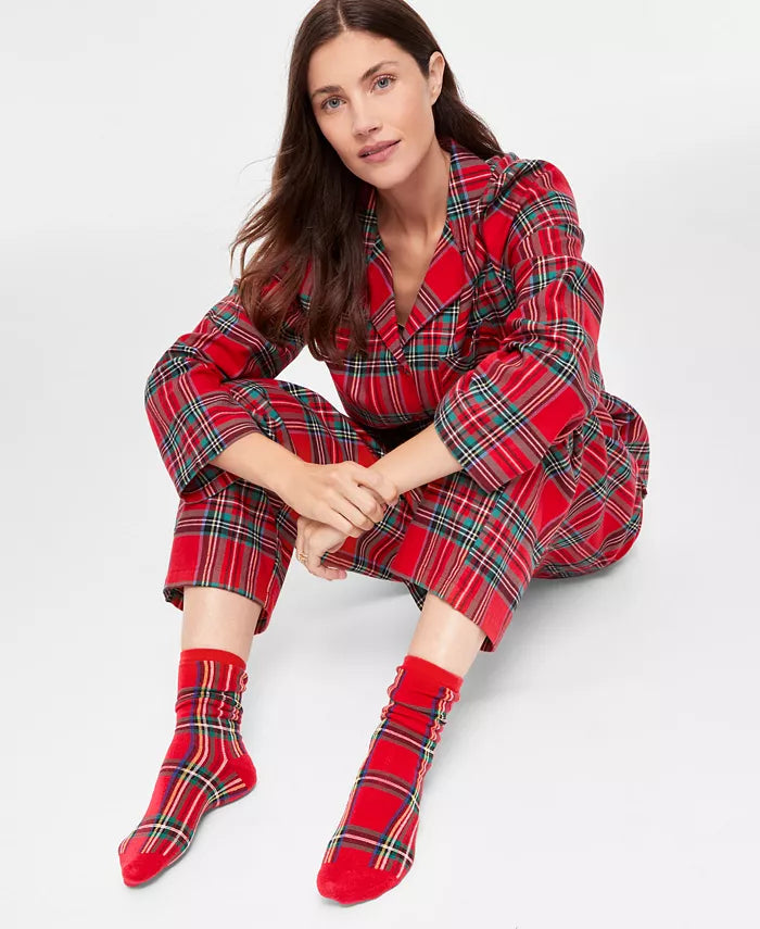 Plaid Flannel Pajama Set with Button Front and Notched Collar, Machine Washable
