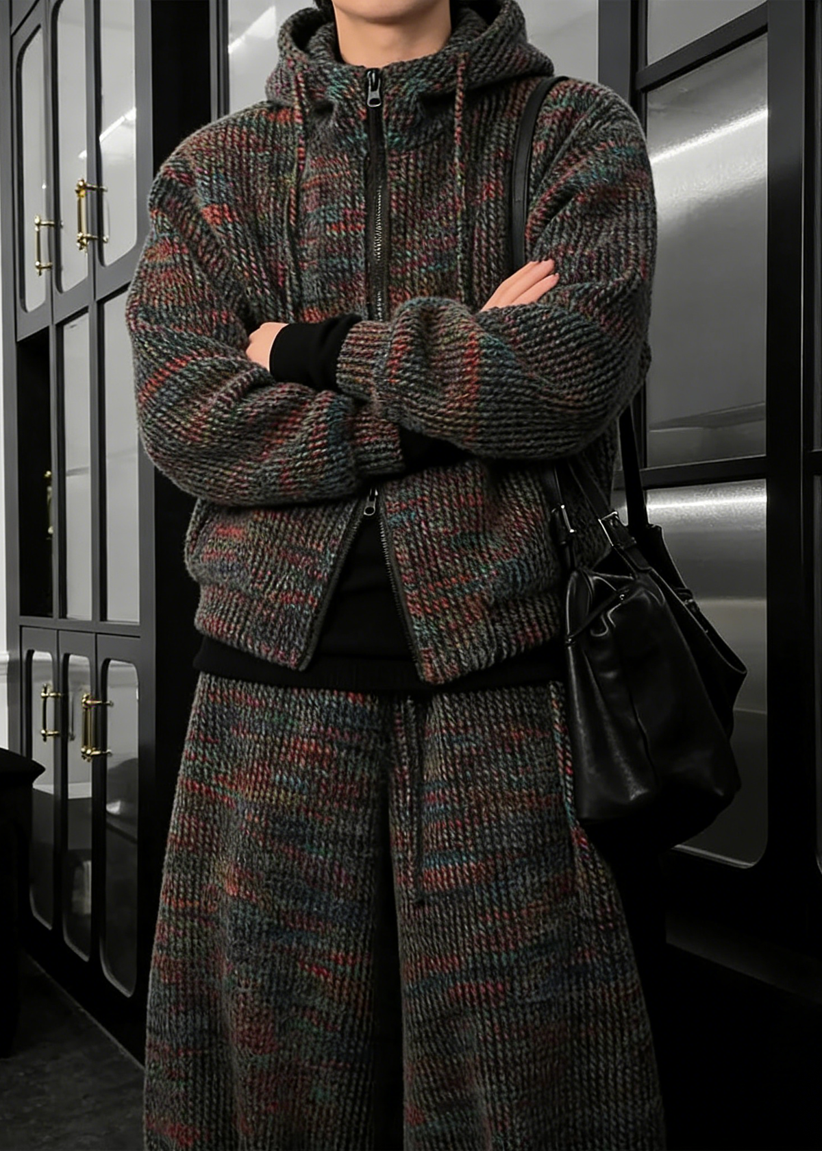 Textured Knit Hoodie and Wide Leg Pants Set with Mixed Color Yarn