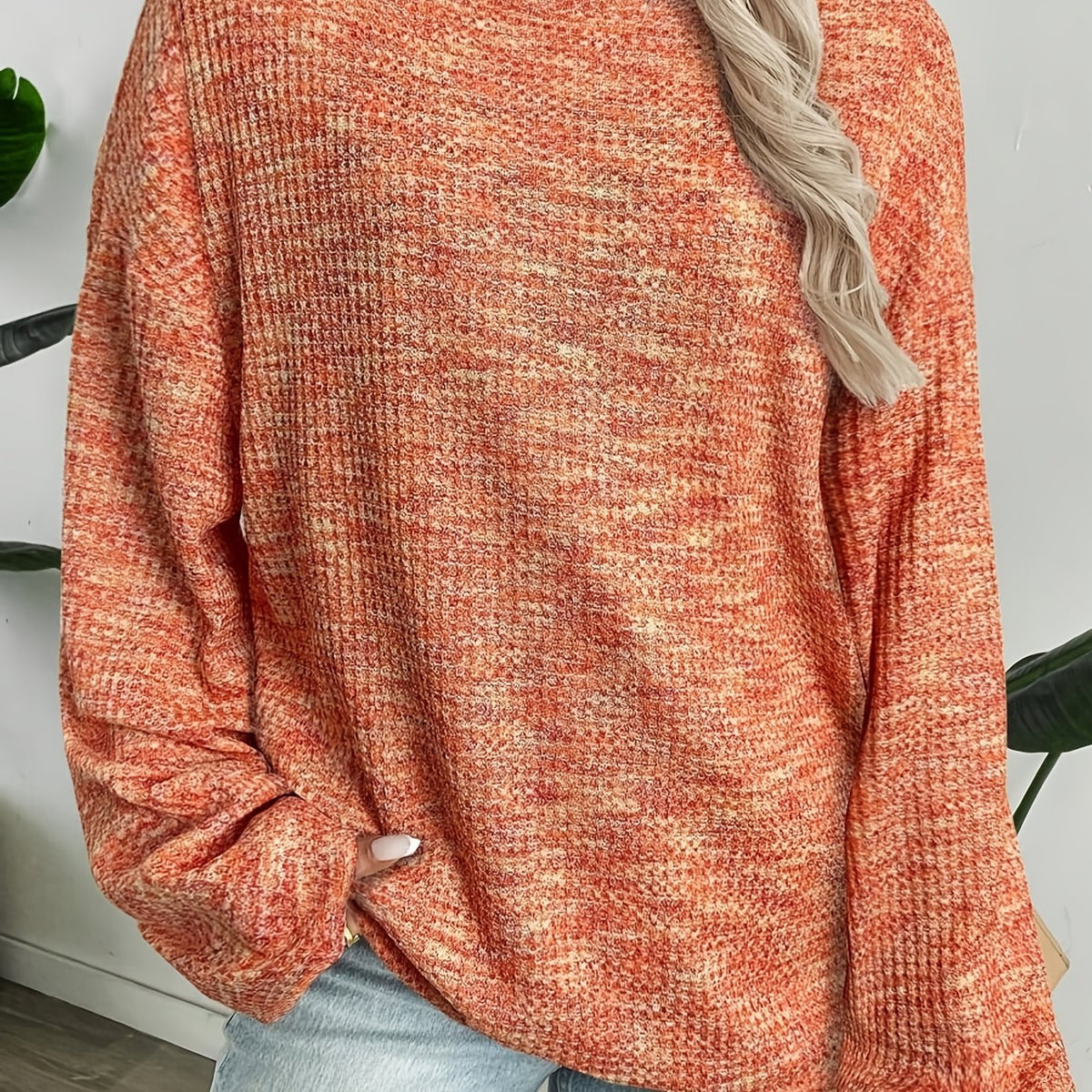 Relaxed Waffle Knit Pullover with Long Sleeves and Extended Hem