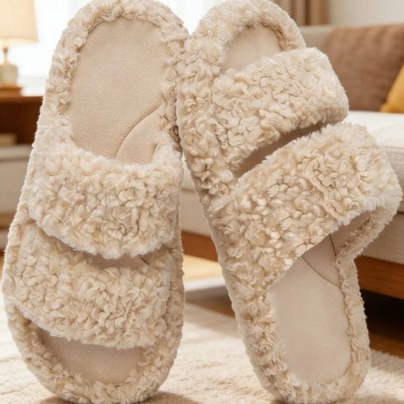 Womens Fuzzy Open Toe Slippers, Memory Foam Indoor House Shoes, Anti Slip Lightweight Indoor Outdoor Slippers