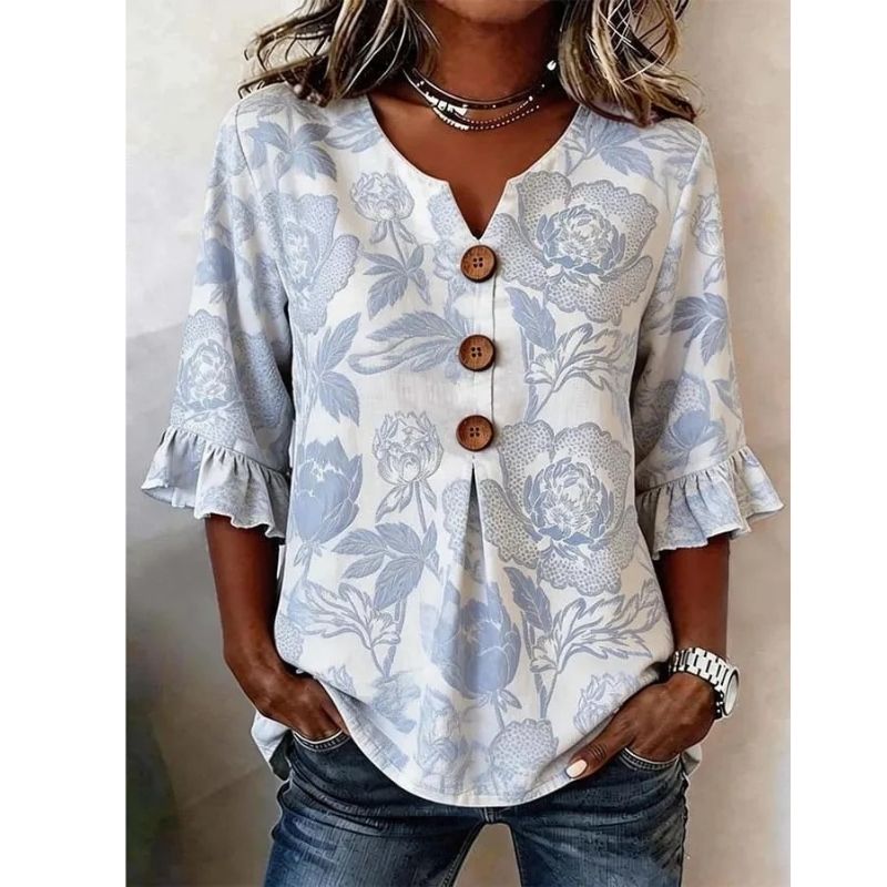 Womens Floral Print Linen Blouse, Vintage V Neck Sleeve Shirt, Casual Ruffle Cuff Button Down Tops