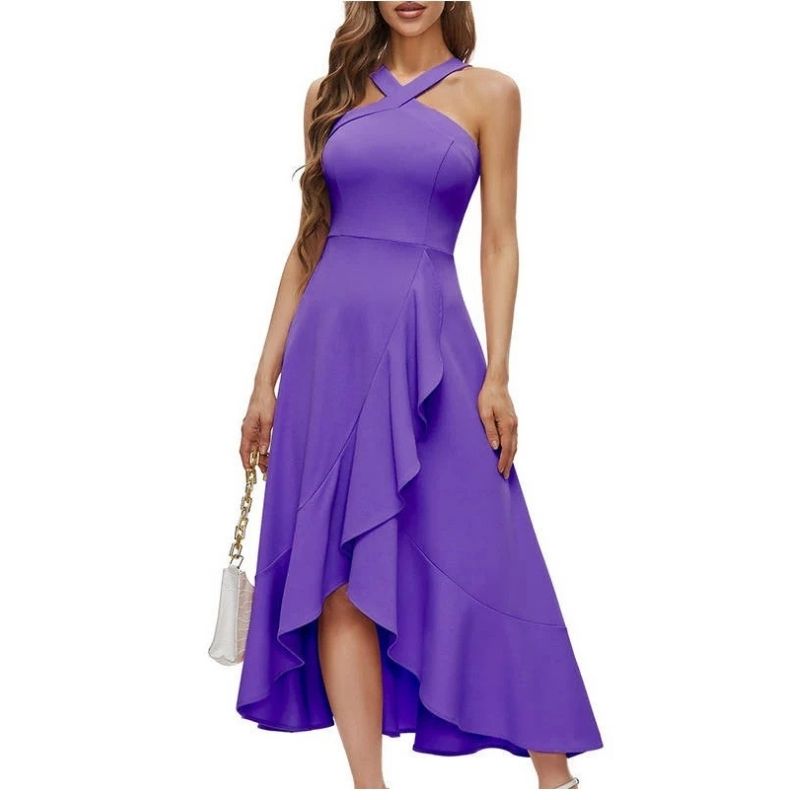 Womens Halter Formal Dress, Ruffled Hi Lo Maxi Wedding Guest and Bridesmaid Dress