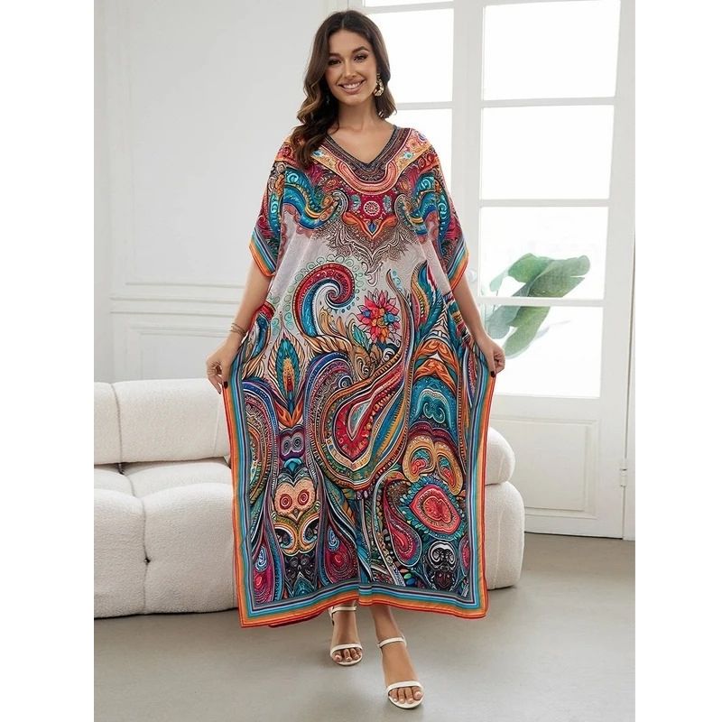 Moomoo Dresses for Women, Plus Size Loose Fit Moroccan Print V Neck Batwing Kaftan Beach Dress