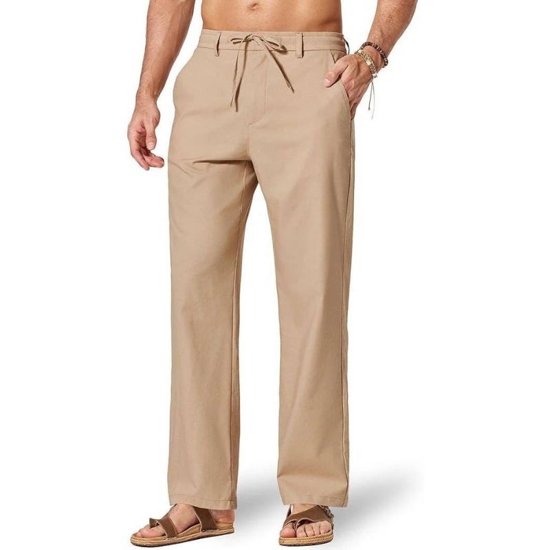 Mens Cotton Linen Pants, Relaxed Fit Drawstring Beach Summer Dress Trousers