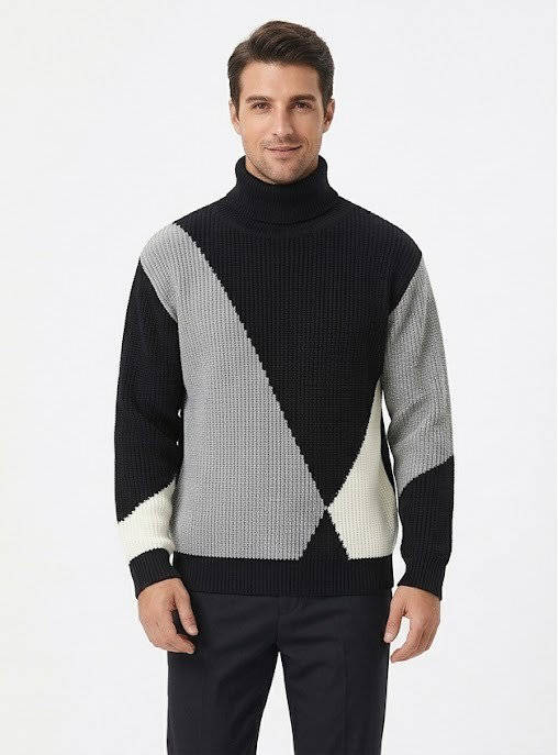 Ribbed Block Turtleneck Knit Sweater