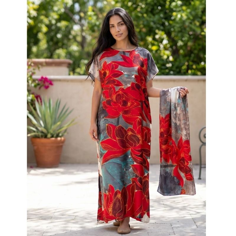 Moomoo Dresses for Women, Bohemian Printed Long Dress and Scarf Set Beach Vacation Matching Outfit