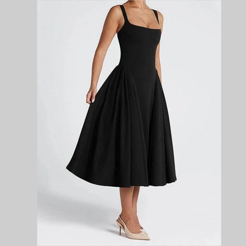 Womens Square Neck A Line Midi Dress, Elegant Wedding Guest and Evening Party Dress