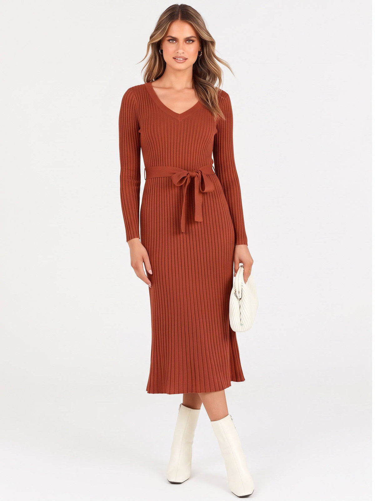 Womens Fall Cable Knit Midi Dress, Long Sleeve V Neck Sweater Dress, 2026 Seasonal Outfit