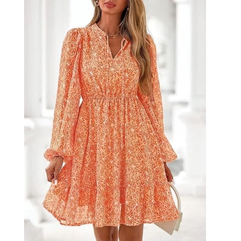 Womens Floral V-Neck Mini Dress - Long Sleeve Boho Flowy Dress