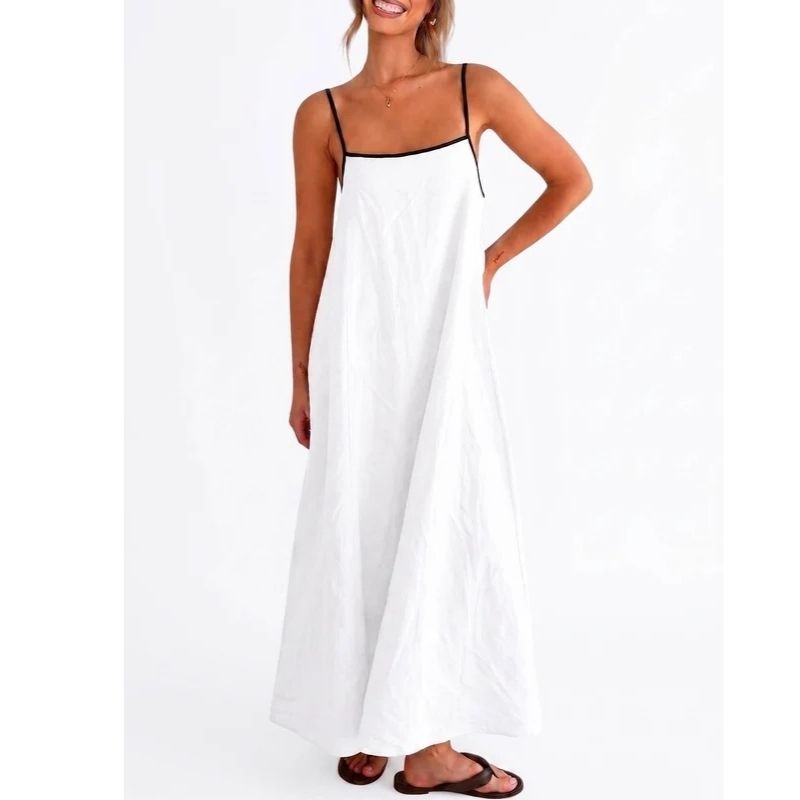 Womens Linen Maxi Dress, Contrast Spaghetti Strap Backless Summer Beach Dress