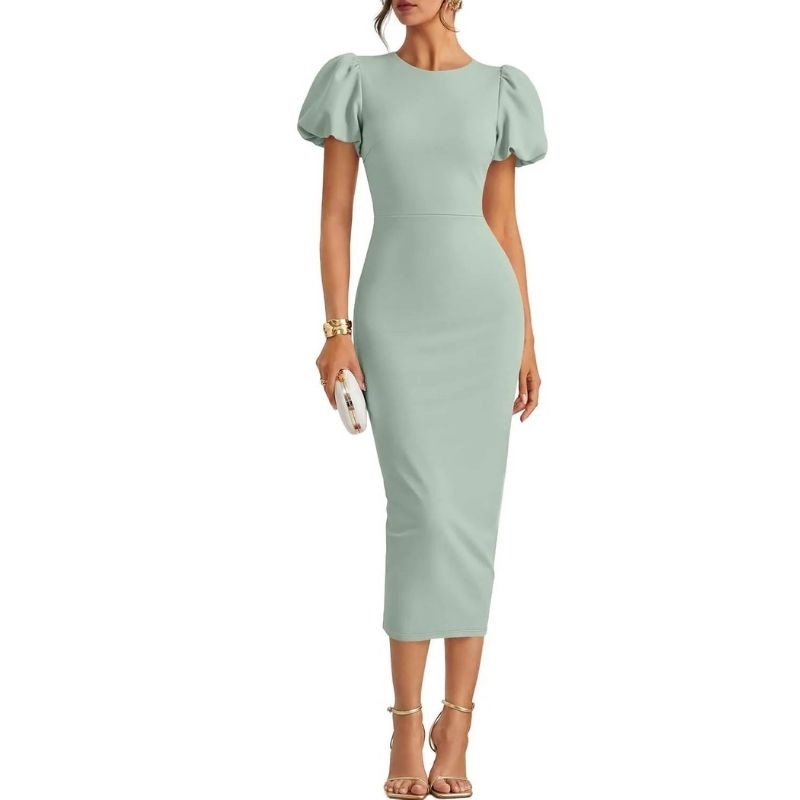 Womens Bodycon Midi Dress, Short Sleeve Wedding Guest Cocktail and Formal Dress