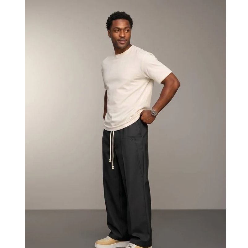 Mens Elegant Wide Leg Pants, Vintage Casual Straight Trousers, Loose Fit Drawstring Pleated Trousers with Pockets