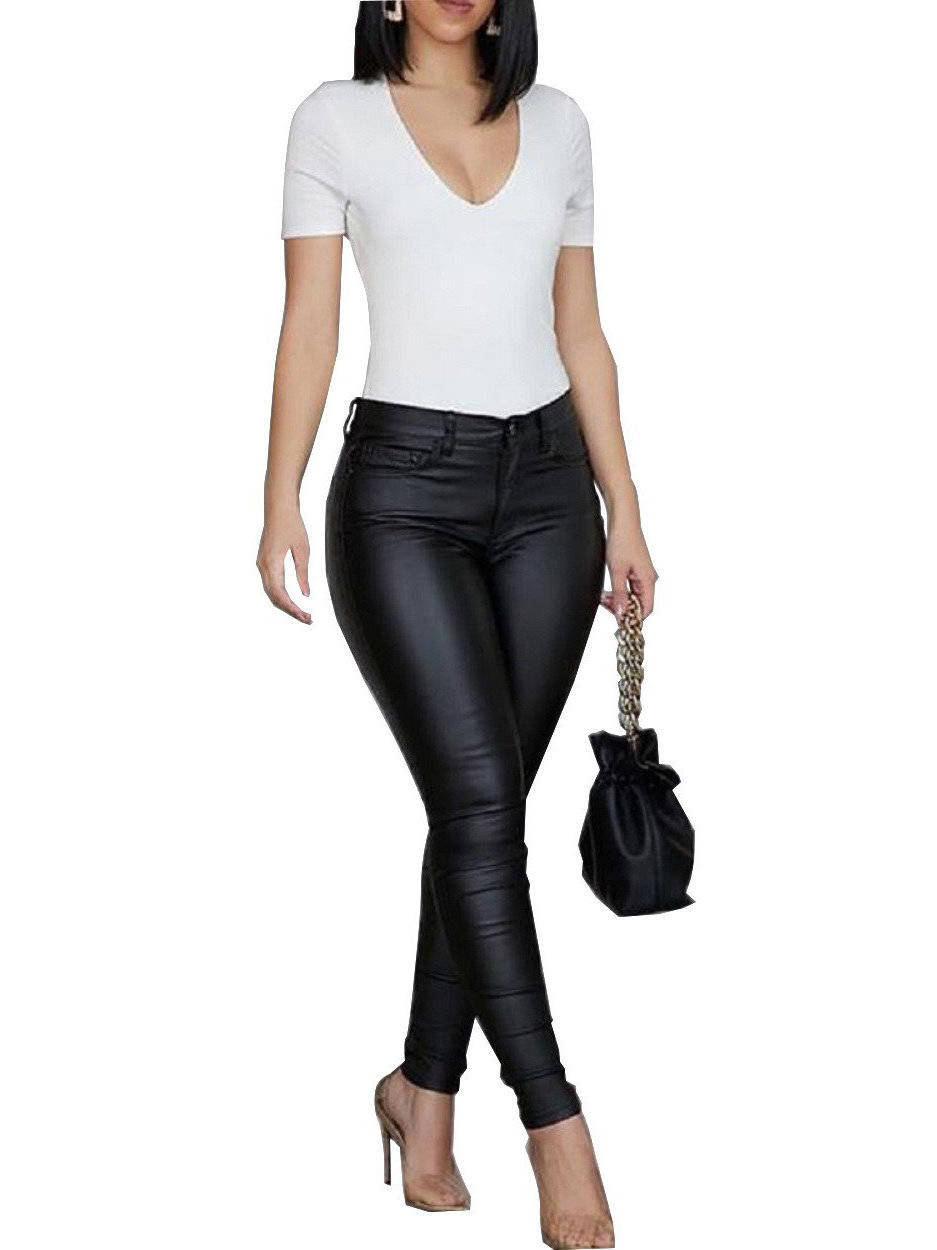 Womens Leather Pants, High Waist Skinny Thermal Lined Leggings, Casual Slim Fit Trousers