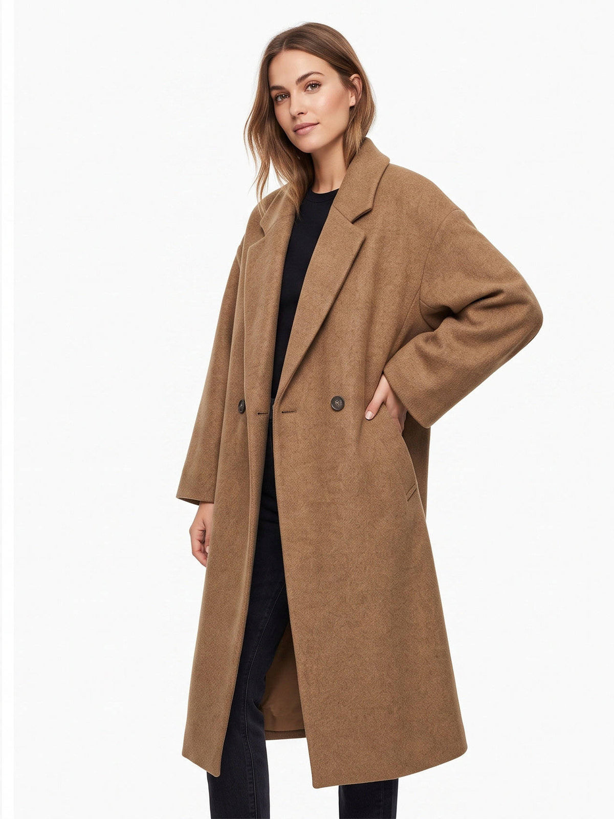 Womens Long Wool Coat, Double Breasted, Notch Lapel Winter Trench Coat