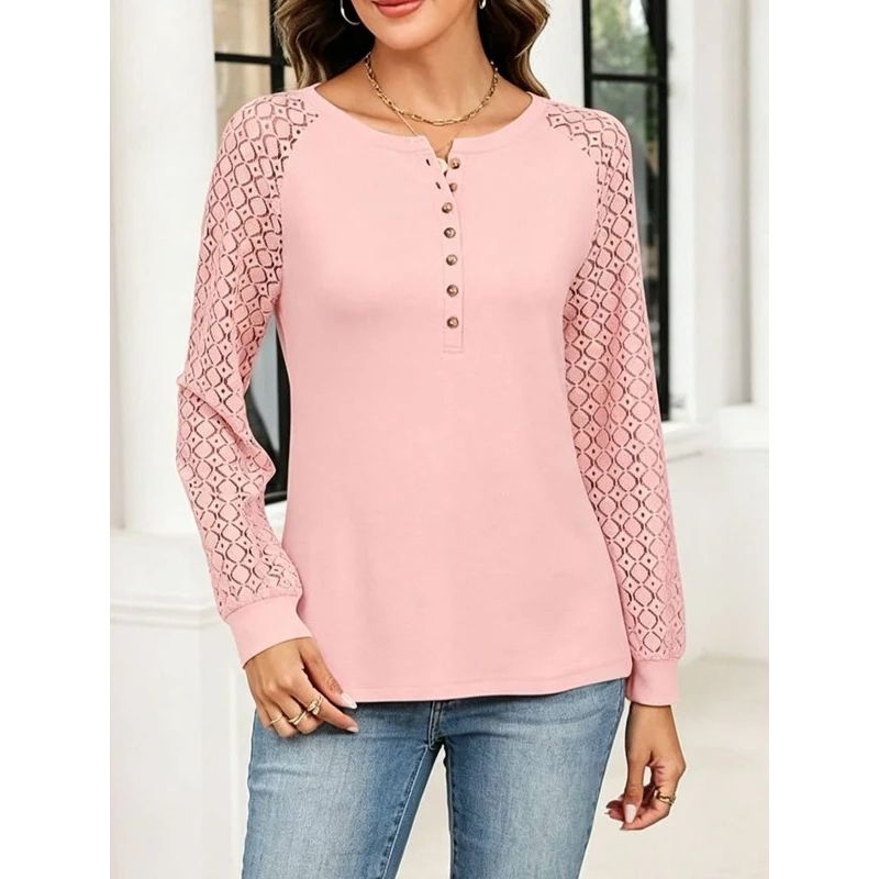 Womens Lace Long Sleeve Henley Top - Casual Fall Blouse
