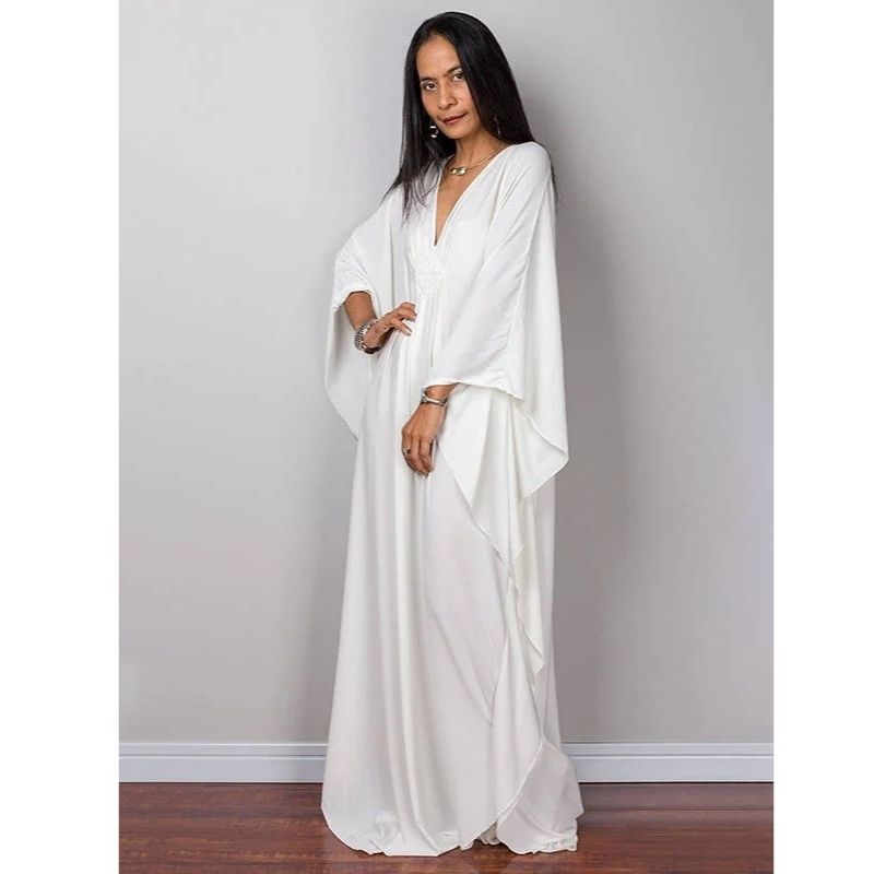 Moomoo Dresses for Women, Plus Size V Neck Long Batwing Sleeve Floral Beach Cover Up Dress