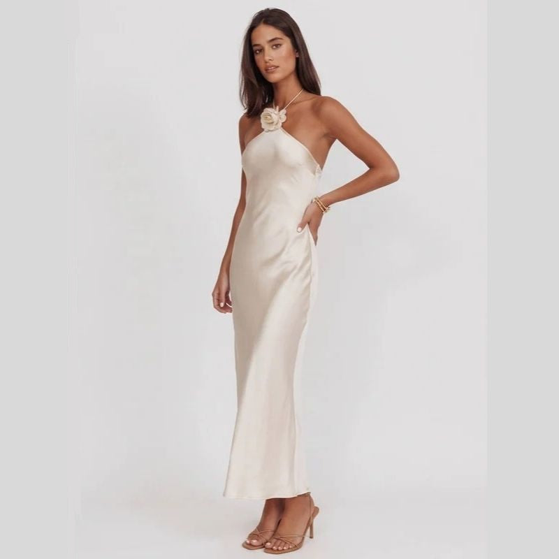 Womens Satin Halter Maxi Dress, Backless Sleeveless Wedding Guest Formal Dress