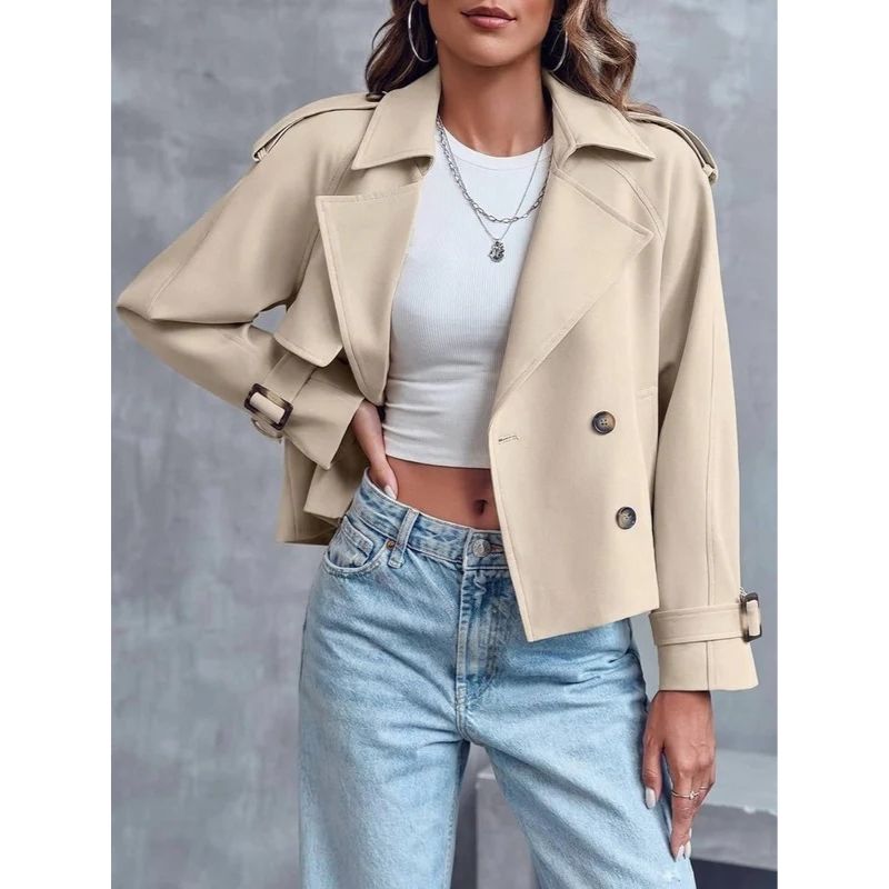 Womens Cropped Trench Coat, Double Breasted Short Jacket