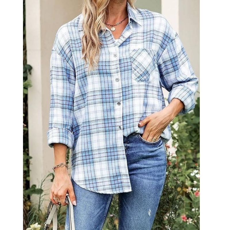 Oversized Flannel Shirt for Women, Long Sleeve Plaid Button Down Buffalo Shirt Blouse Top with One Pocket