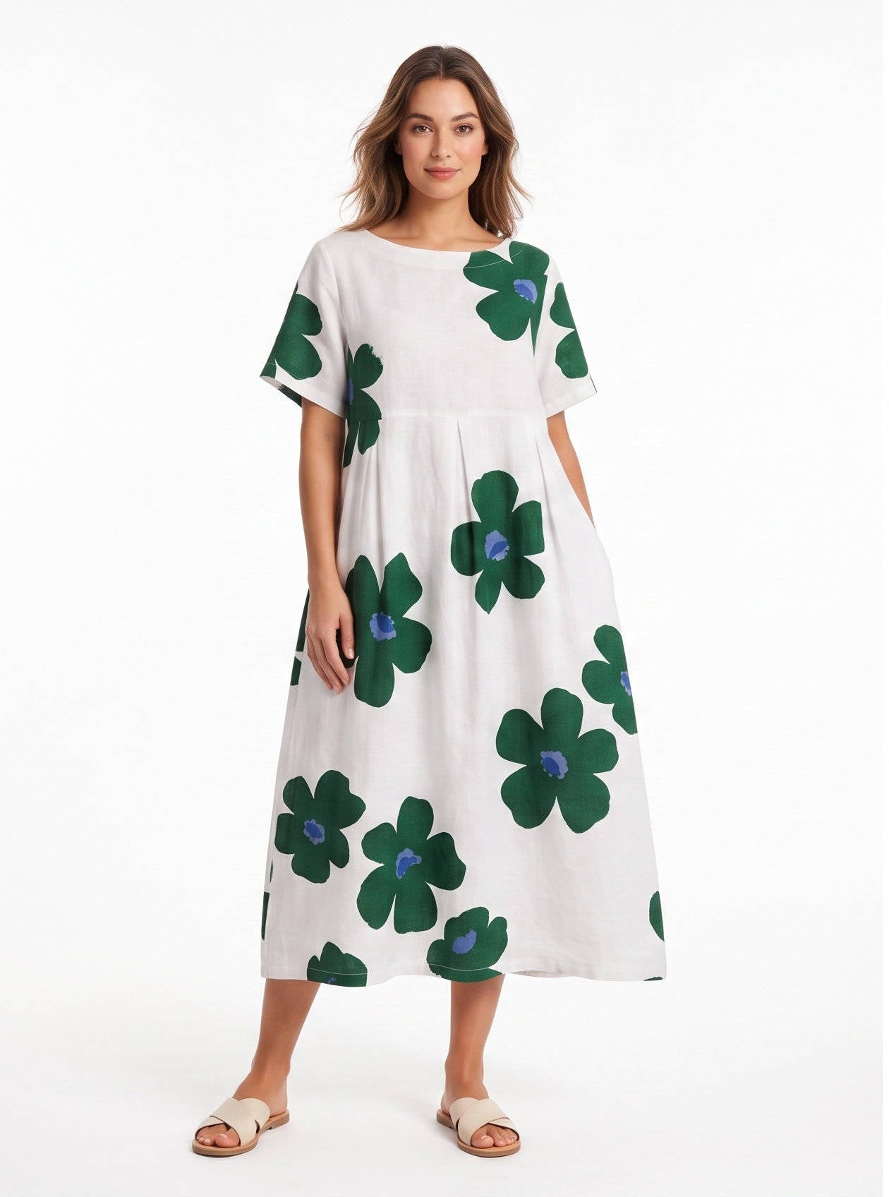 Womens Floral A Line Midi Dress, Short Sleeve Casual Summer Dress