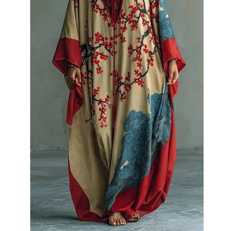 Moomoo Dresses for Women, Floral Print V Neck Batwing Sleeve Casual Flowy Maxi Dress