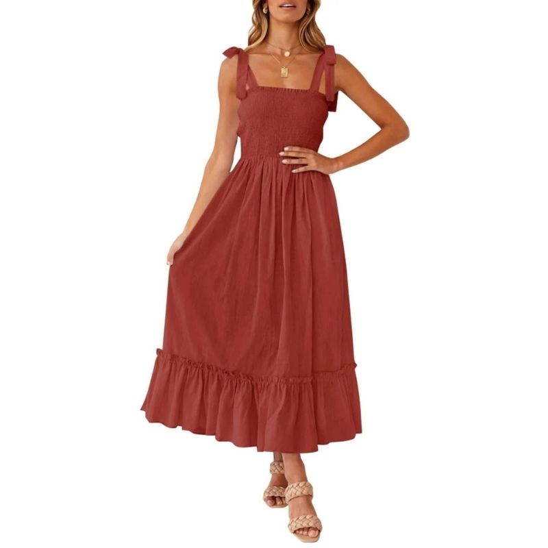 Womens Boho Maxi Dress, Square Neck Spaghetti Strap Ruffle a Line Beach Dress