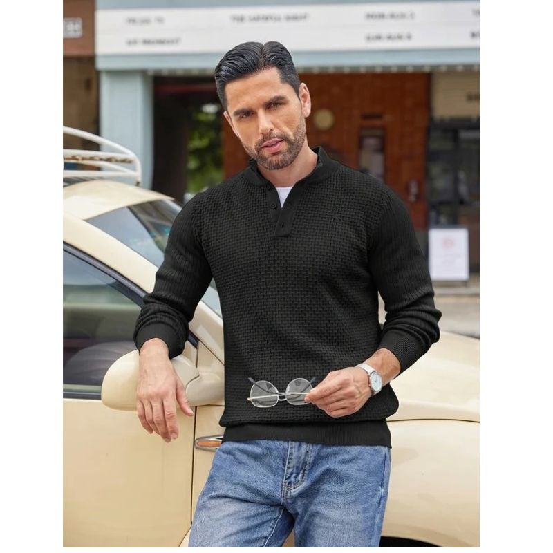 Mens Long Sleeve Henley Sweater, 4 Button Mock Neck Waffle Knit Pullover, Slim Fit Fall Winter Business Casual
