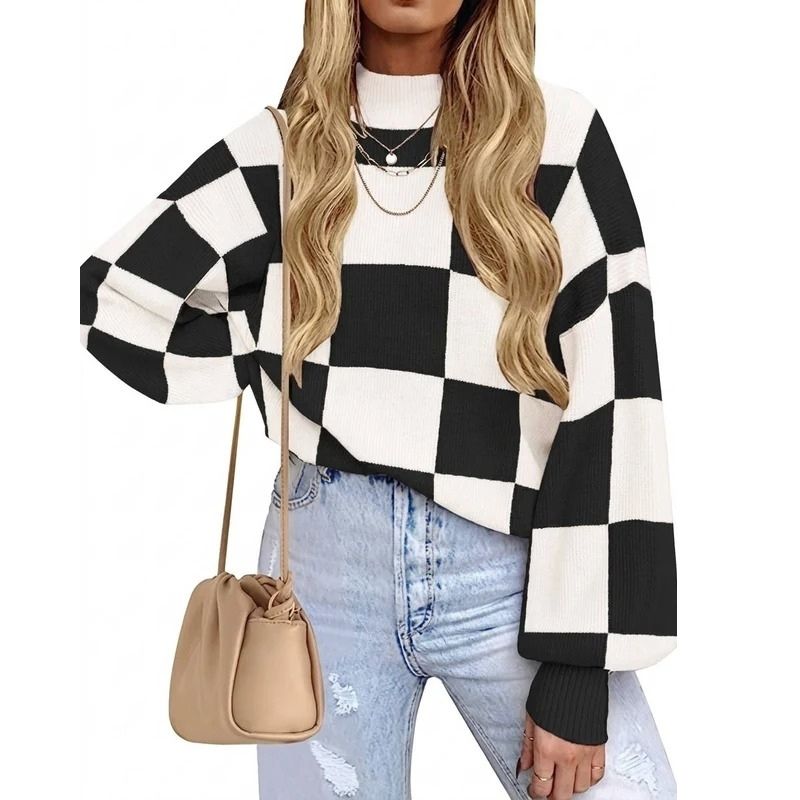 Womens Checkerboard Turtleneck Sweater - Ribbed Knit Loose Fit Pullover