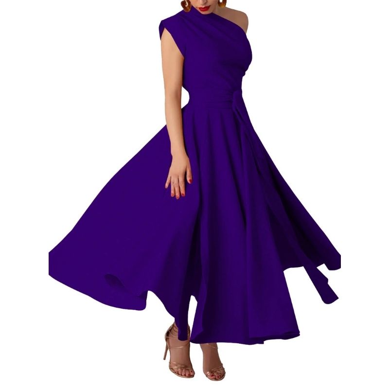 Womens One Shoulder Belted Maxi Dress, Elegant Formal Wedding Guest Dress with Pockets