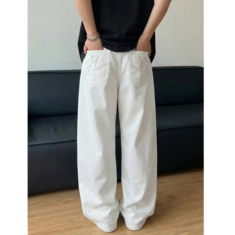 Mens Beige Wide Leg Jeans, Loose Fit Baggy Denim, Hip Hop Streetwear Pants with Pockets