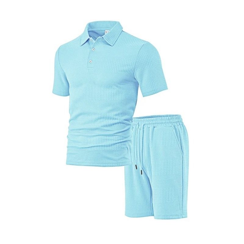 Mens Knitted Polo and Shorts Set, Vintage Casual Two Piece Outfits, Short Sleeve Textured Tracksuit