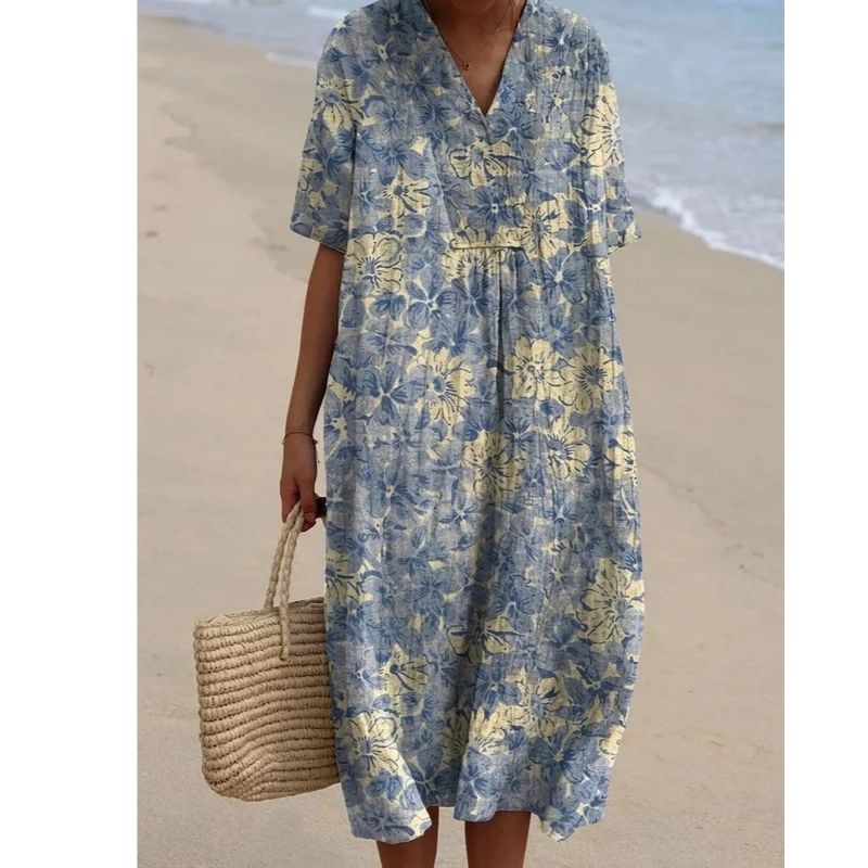 Womens Cotton Maxi Dress, Floral V Neck Short Sleeve Oversized Casual Midi Dress