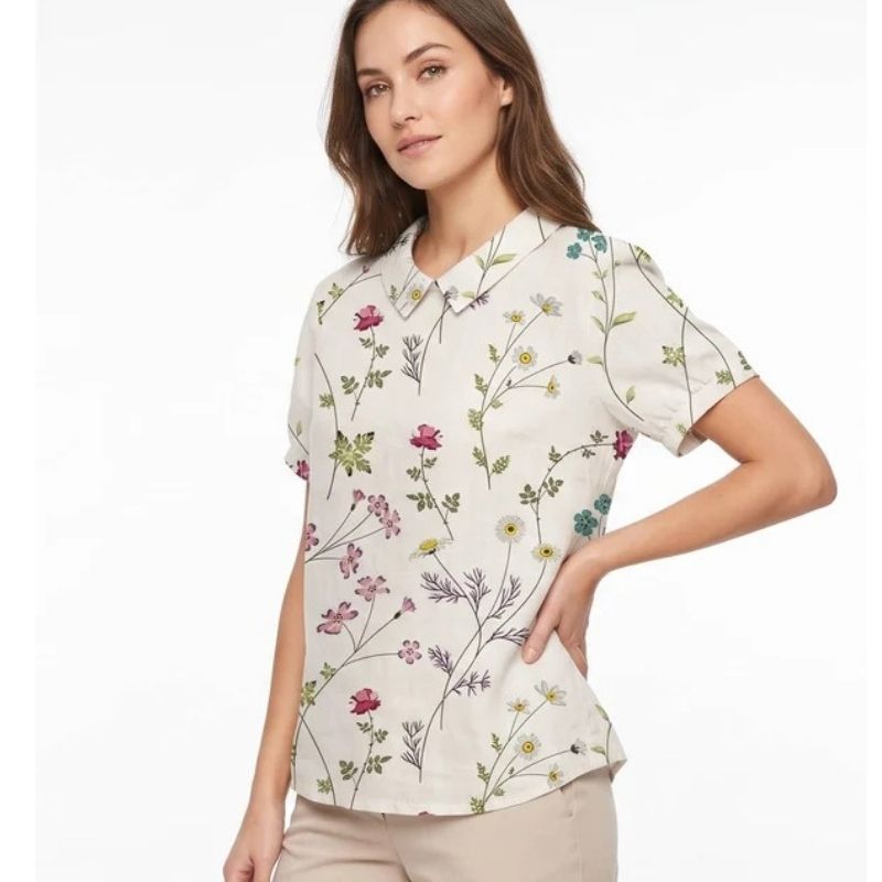 Womens Floral Print Linen Blouse, Vintage Peter Pan Collar Short Sleeve Shirt, Casual Lightweight Prairie Tops