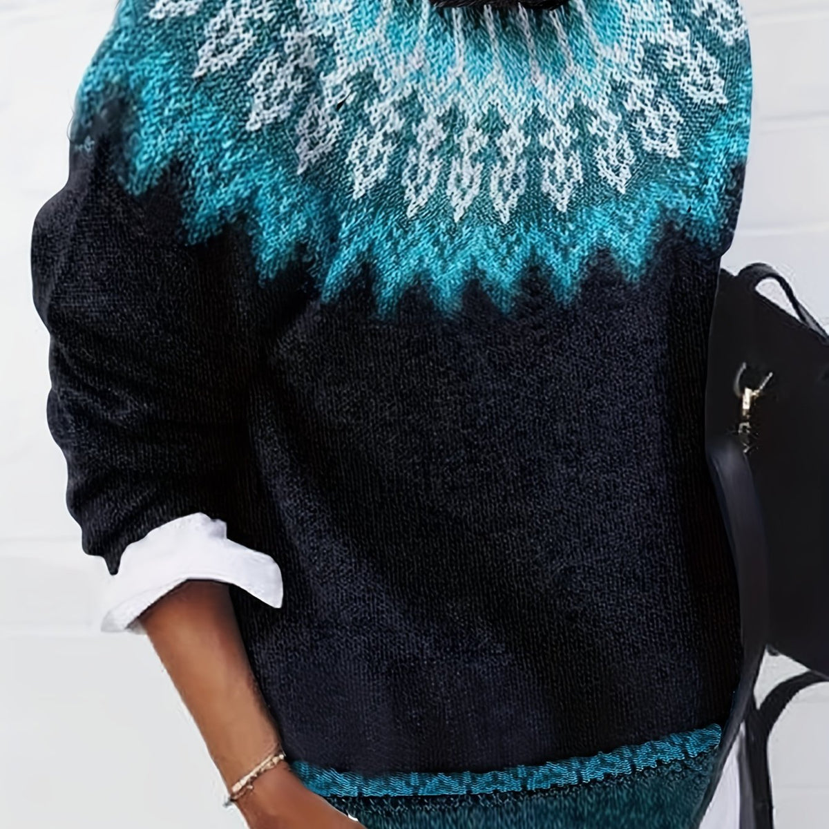Chunky Jacquard Knit Sweater with Round Neck and Ribbed Cuffs, Hip Length