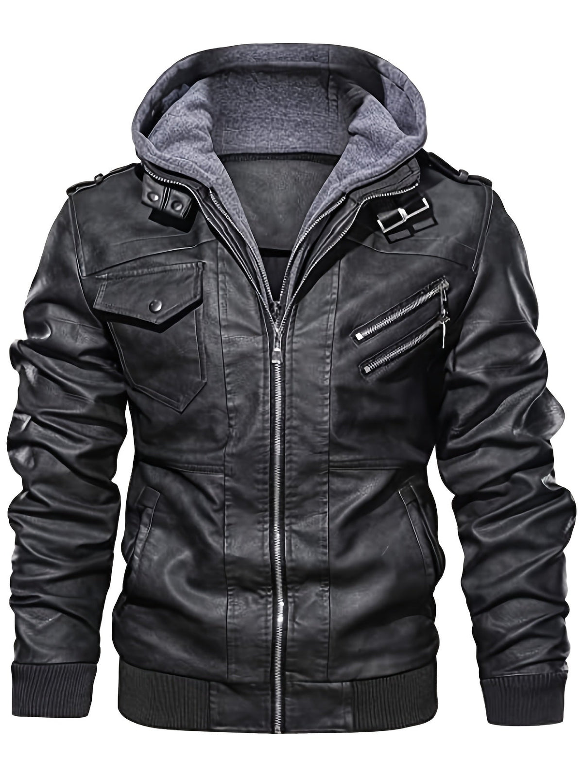 Hooded Biker Jacket with Removable Snap Hood and Multiple Zippered Pockets