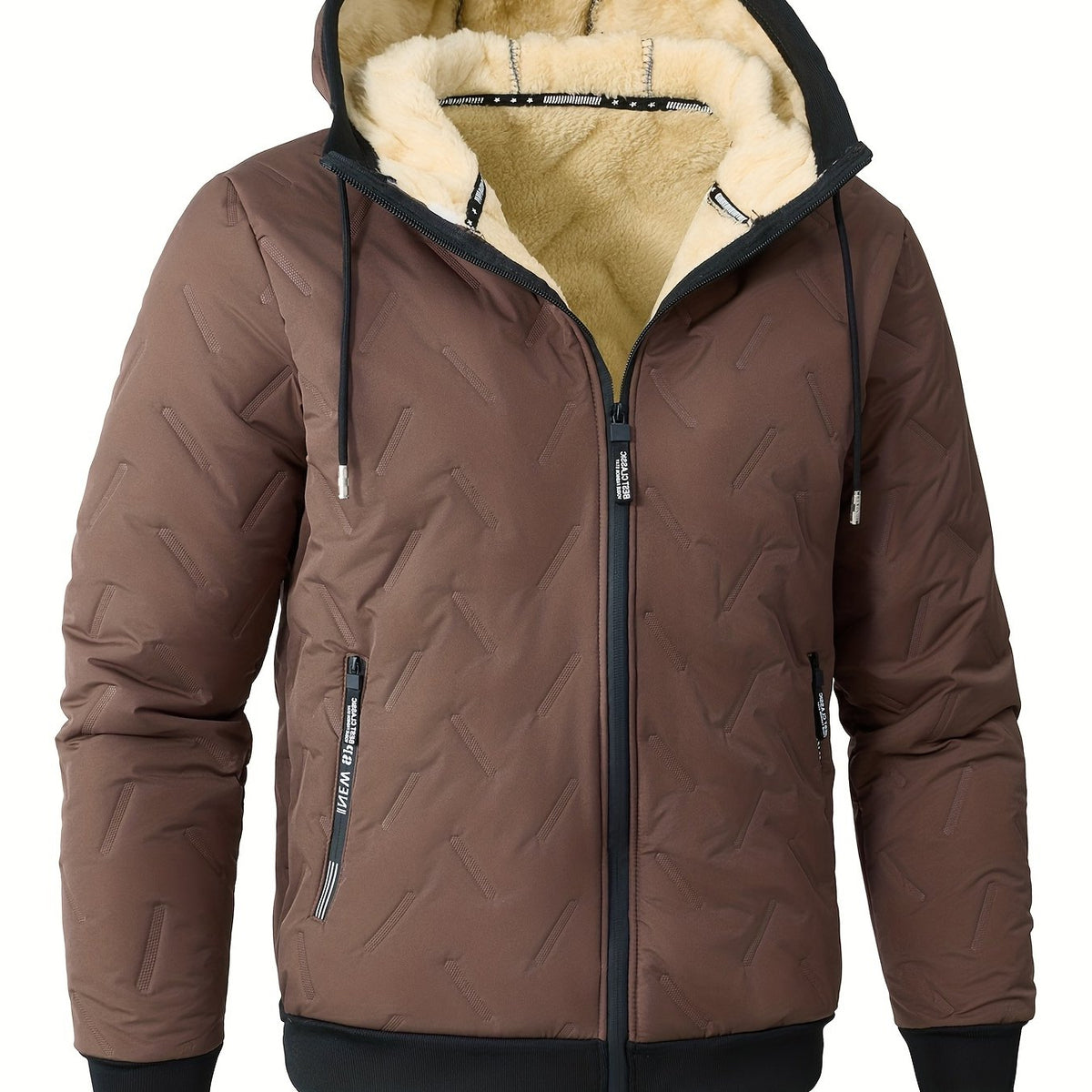 Hooded Winter Jacket with Plush Lining and Zip Pockets, Relaxed Fit