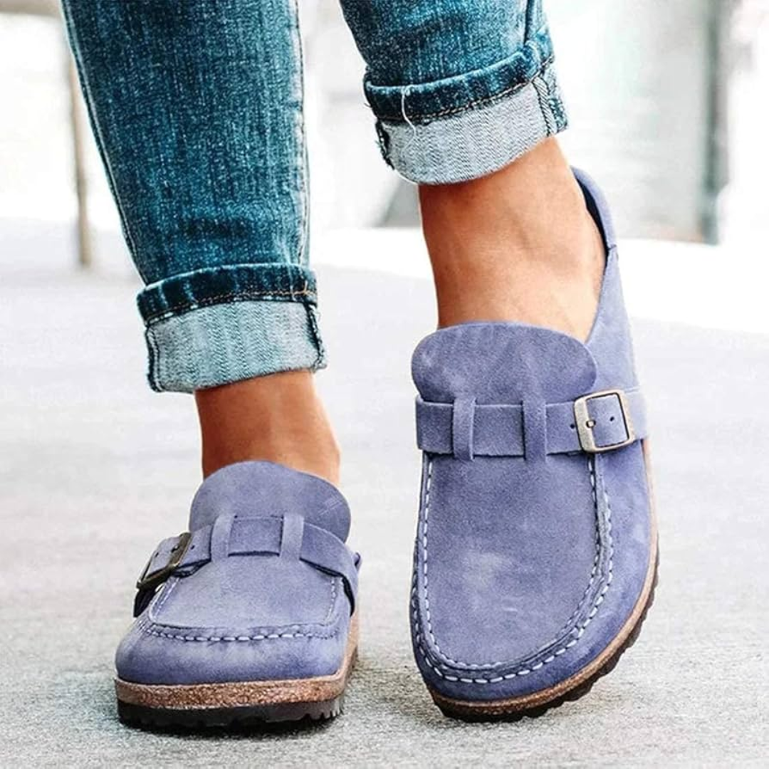 Womens Slip On Loafers with Metal Buckle Accent and Low Block Heel