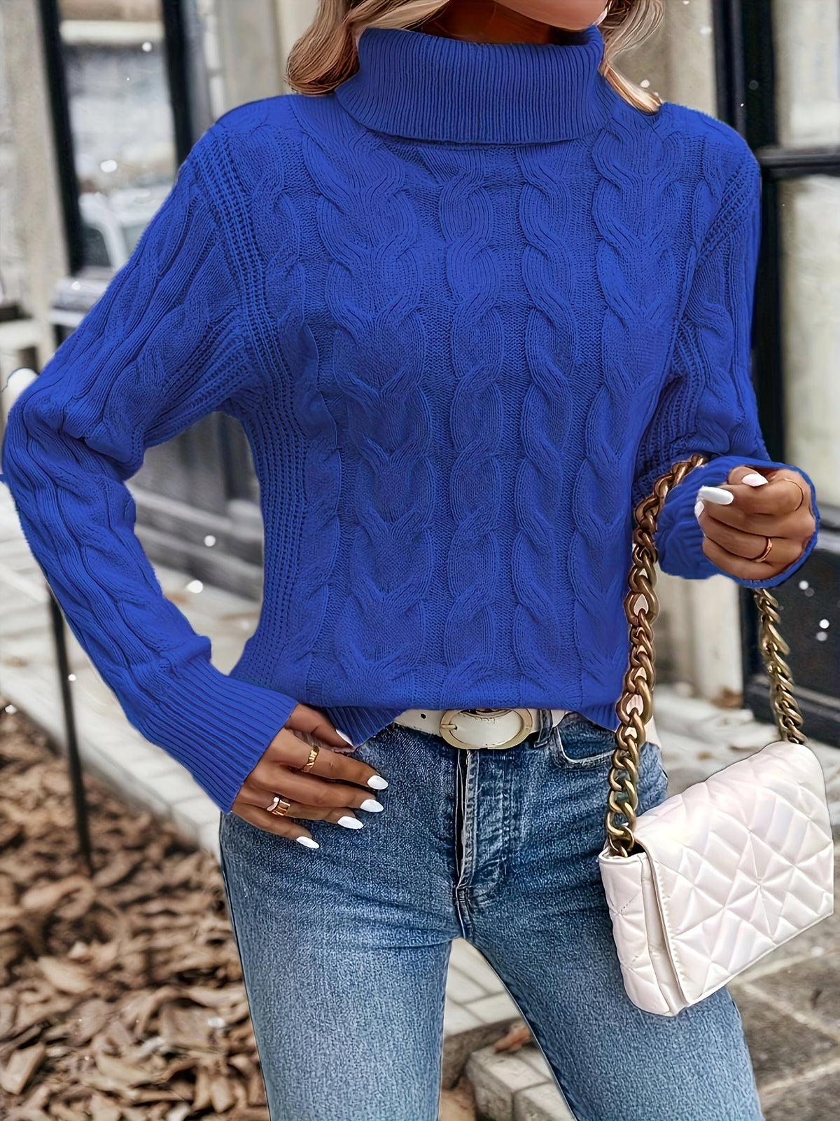 Cable Knit Turtleneck Sweater with Relaxed Fit and High Roll Neck