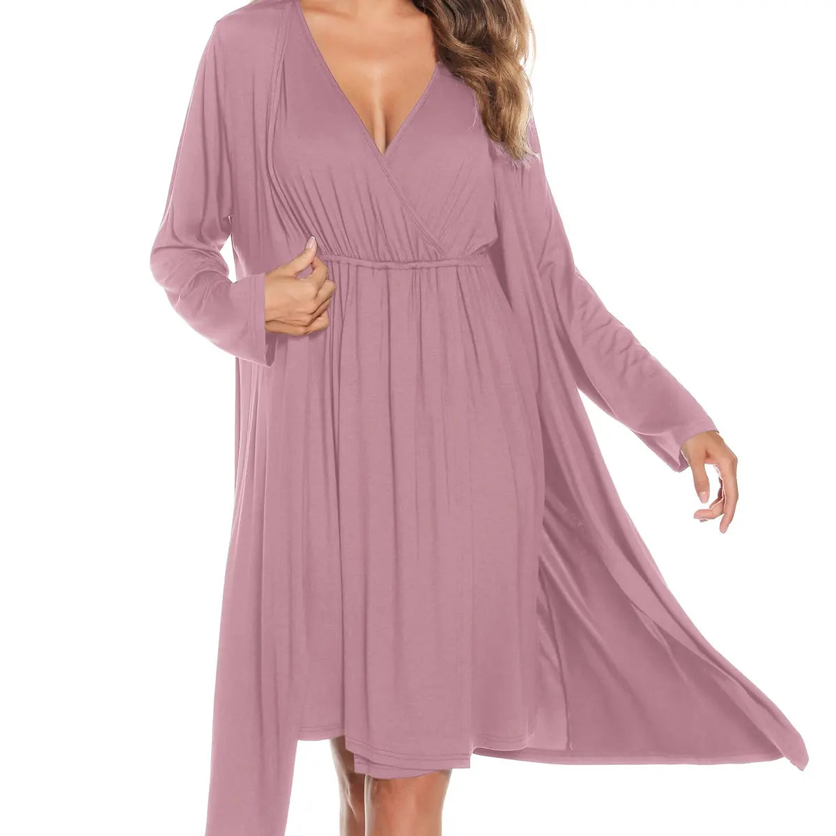 Women 2 Piece Modal Maternity Gown and Nursing Robe Set - Breastfeeding Sleepwear