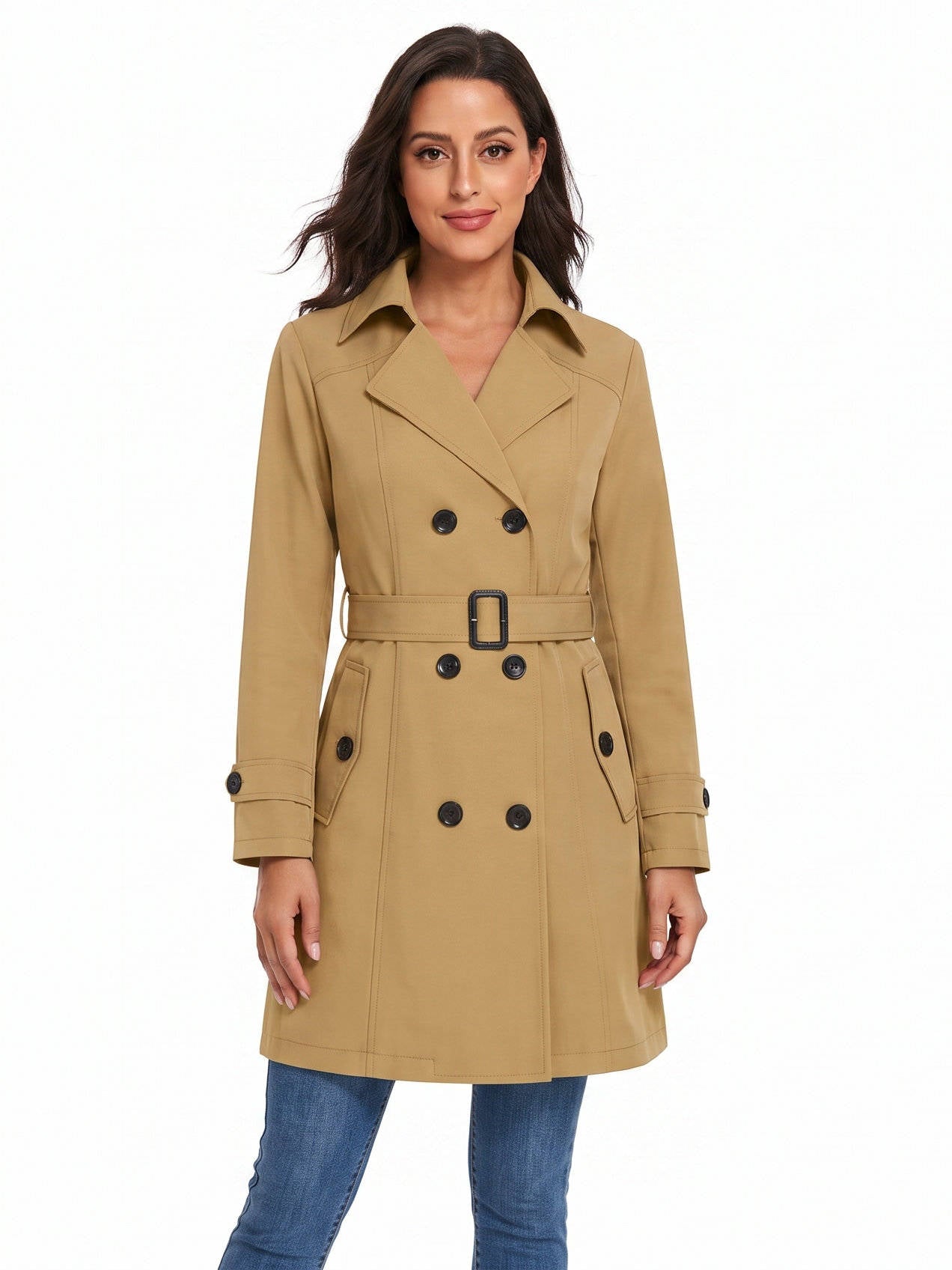 Womens Trench Coat, Classic Lapel, Belted Outerwear