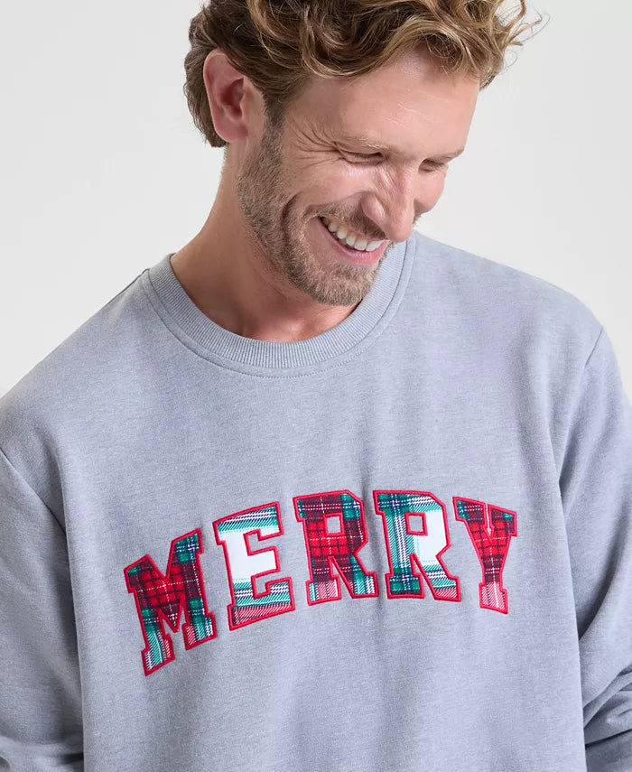 Plaid Appliqué Pullover Sweatshirt with Merry Design and Long Sleeves, Hip Length