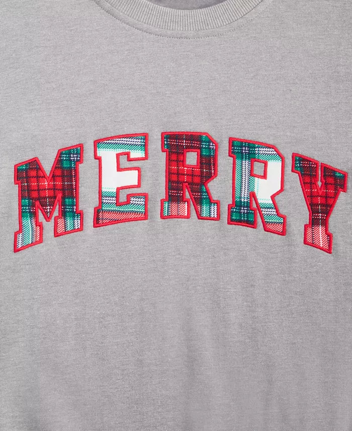 Plaid Appliqué Pullover Sweatshirt with Merry Design and Long Sleeves, Hip Length