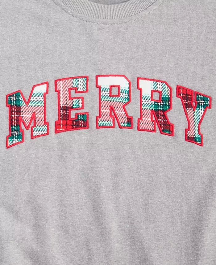 Women Festive Sweatshirt with Plaid Merry Lettering and Long Sleeves