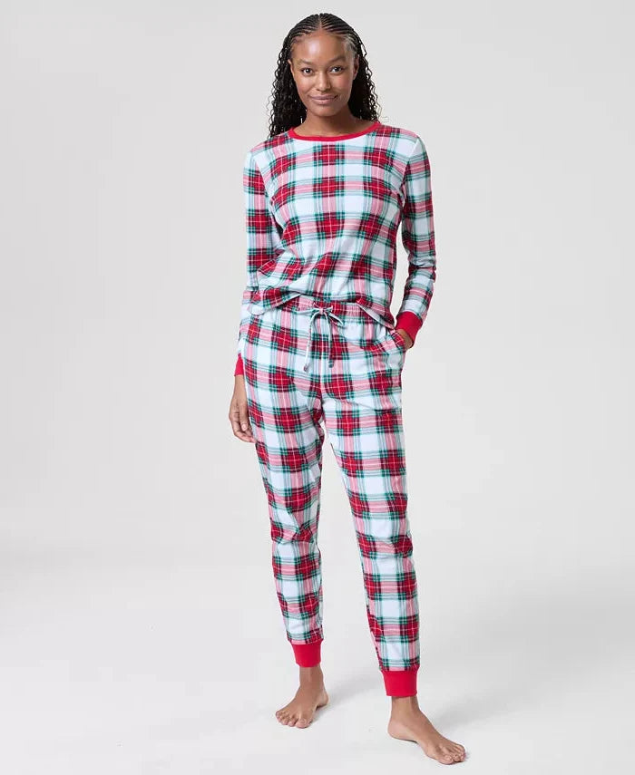 Plaid Pajama Set for Women with Woven Cotton and Side Pockets