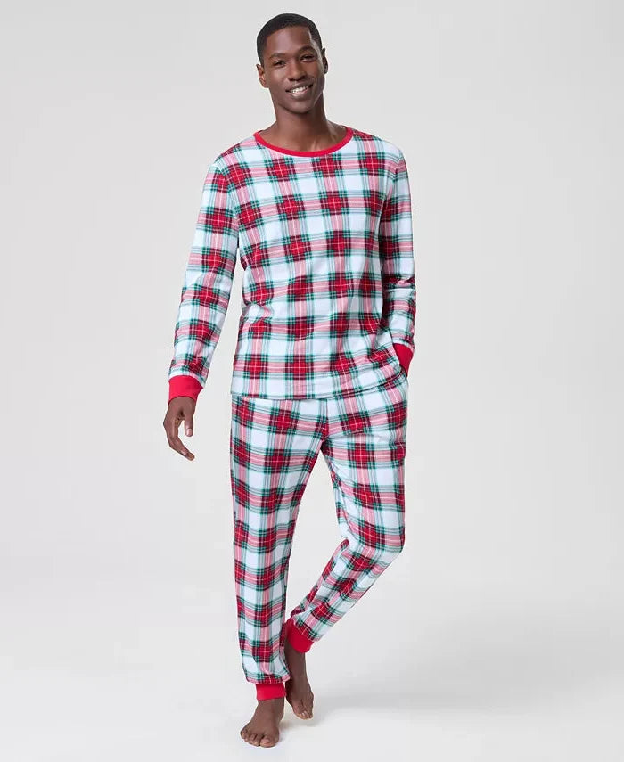 Woven Cotton Flannel Pajamas with Drawstring Waist and Plaid Pattern, Long Sleeves
