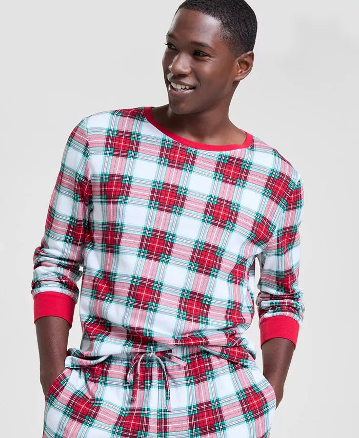 Woven Cotton Flannel Pajamas with Drawstring Waist and Plaid Pattern, Long Sleeves
