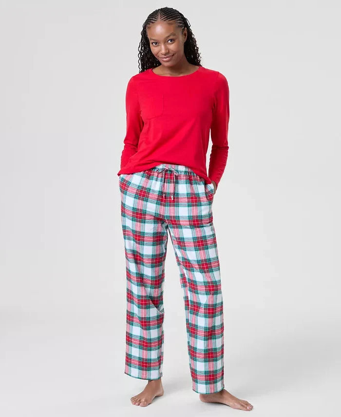 Womens Plaid Flannel Pajamas with Crew Neck Top and Drawstring Pants
