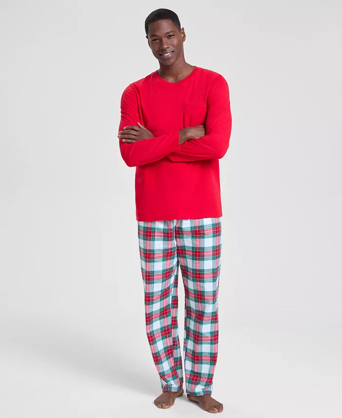 Plaid Flannel Pajama Set with Crew Neck Top and Drawstring Pants, Side Pockets