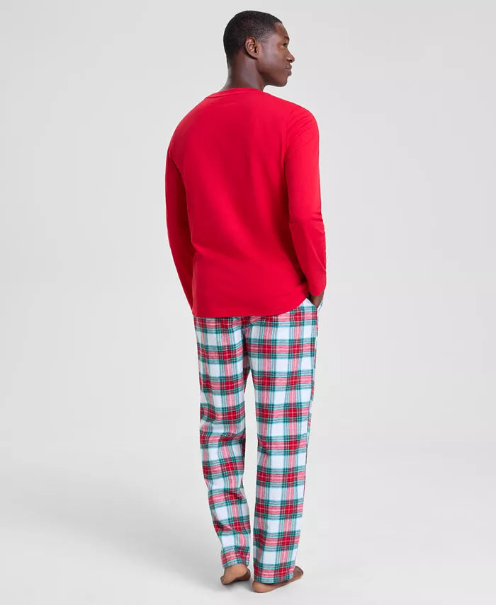 Plaid Flannel Pajama Set with Crew Neck Top and Drawstring Pants, Side Pockets