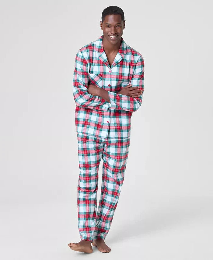 Button Front Flannel Pajama Set with Side Pockets and Long Sleeves, Plaid Pattern